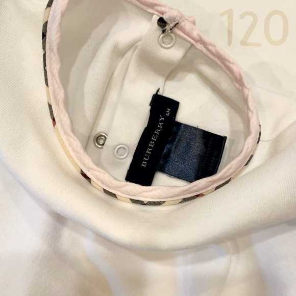 Burberry White Onesie Bodysuit with Pink Embroidered B and Check Trim - Size 6M - Picture 5 of 5